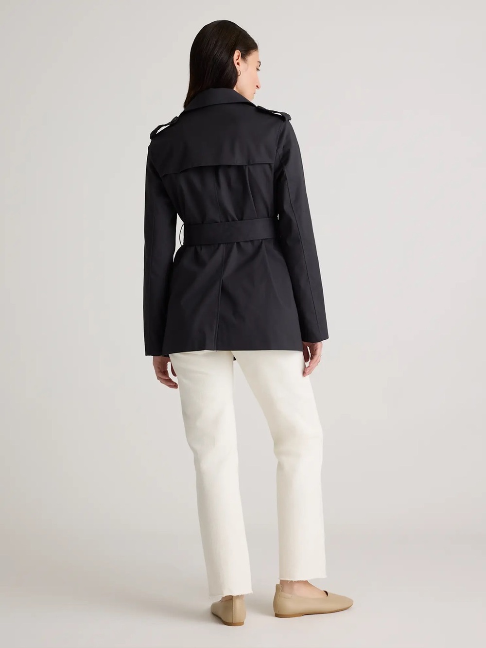 NWT Quince Comfort Stretch Short Trench Coat Black Small Belted - Picture 3 of 16